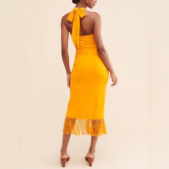 Saylor Women’s Jynx Fringe Halter Neck Mango Yellow Knit Midi Dress Sz S - Picture 5 of 13